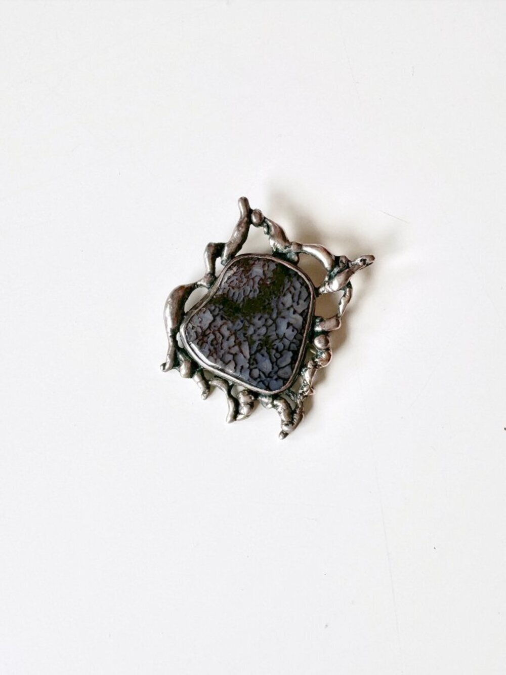 Vintage MK Sterling Silver Brutalist Modernist Purple Agate Brooch Pendant - Picture 3 of 15